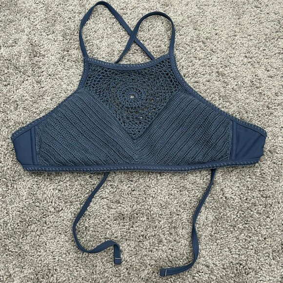 2017 Xhilaration Womens High Neck Crochet Blue Swimsuit Top Bikini Medium - Picture 1 of 6